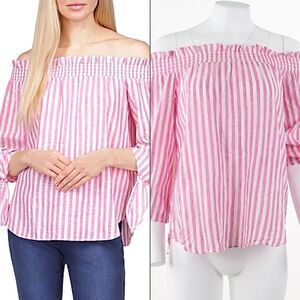 Michael Kors Striped Tie-Sleeve Off-the-Shoulder Cerise